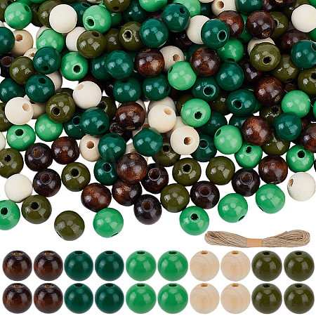 250Pcs 5  Colors Spray Painted Round Natural Schima Wood Beads WOOD-PA0001-73C-1