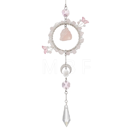 Natural Rose Quartz & Glass Suncatcher HJEW-TA00454-01-1