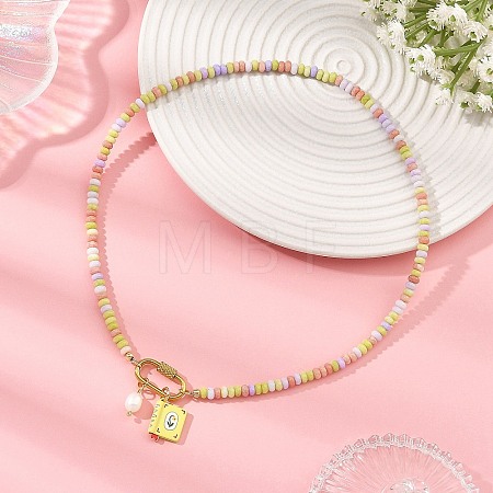 304 Stainless Steel Pendant Dyed Glass Rondelle Beaded Necklaces for Women NJEW-JN06540-02-1