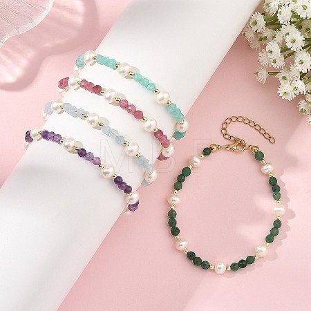Faceted Round Gemstone & Natural Cultured Freshwater Pearl Beaded Bracelets for Women BJEW-JB14184-1