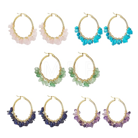 Gemstone Chips Beaded Hoop Earrings EJEW-JE05177-1