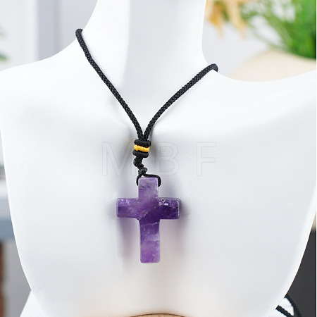 Natural Amethyst Cross Pendant Black Cotton Cord Necklaces FS-WG3ED65-02-1