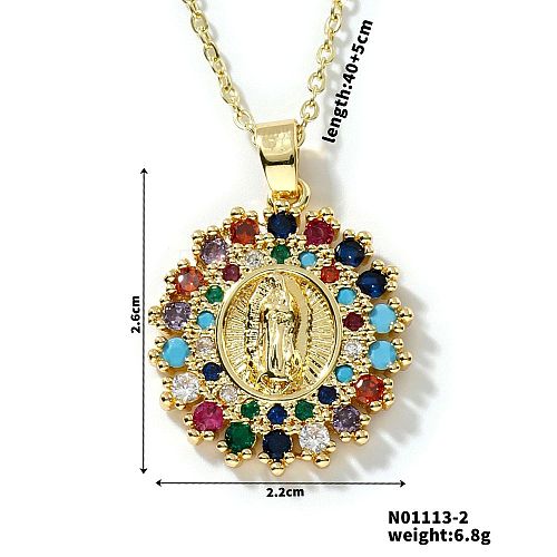 Brass Cubic Zirconia Flat Round Design Virgin Mary Pendant Exquisite Necklaces HH6132-2-1