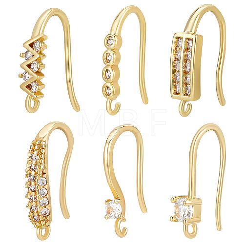 Beebeecraft 24Pcs 6 Style Rack Plating Brass Pave Cubic Zirconia Earring Hooks KK-BBC0012-31-1