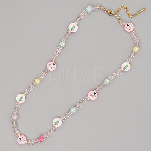 Christmas Theme Glass & Imitaiton Pearl & Brass Flat Round Beaded Necklaces GF3195-12-1