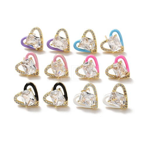 Left and Right Clear Cubic Zirconia Heart Stud Earrings with Enamel EJEW-C027-04G-1