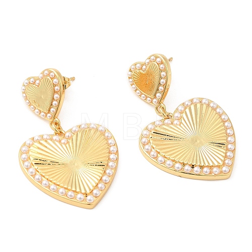 Brass Heart Dangle Stud Earrings with Plastic Pearl Beaded EJEW-K251-21G-1