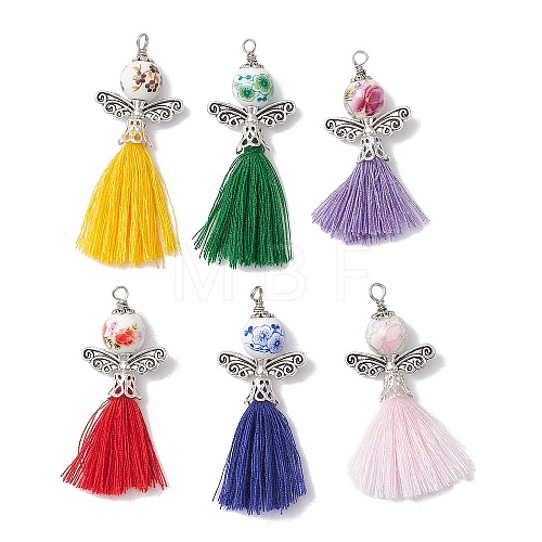 Porcelain Beaded with Polycotton Tassel Big Pendants PALLOY-JF02986-1