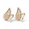 Clear Cubic Zirconia Wing Open Cuff Ring with Plastic Pearl Beaded RJEW-F139-01G-4