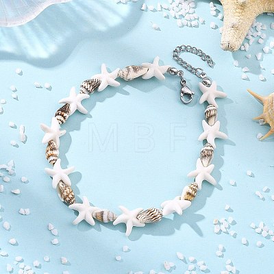 Ocean Natural Spiral Shell & Synthetic Turquoise Beaded Anklets AJEW-AN00830-1
