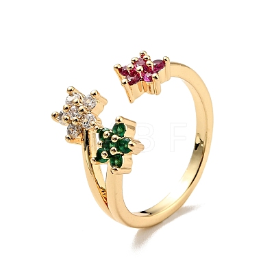 Colorful Cubic Zirconia Flower Open Cuff Ring RJEW-G251-12G-1