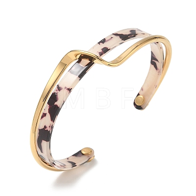 Cellulose Acetate(Resin) & 304 Stainless Steel Double Layer Wavy Open Cuff Bangles for Women SA-CBA7107-03G-1