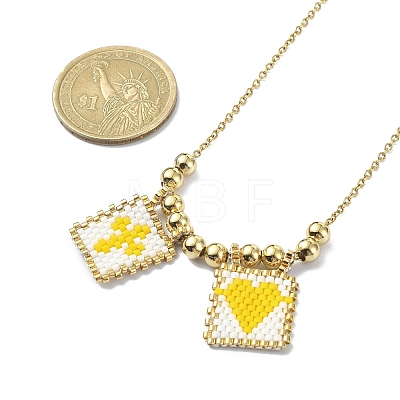 Rectangle with Cross & Heart Glass Seed Beaded Pendant Necklace NJEW-MZ00015-01-1