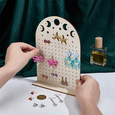 Hollow Moon Plywood Earring Organizer Display Stands EDIS-WH0050-02B-1