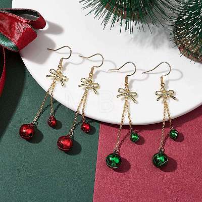 2Pairs 2 Colors Christmas Theme Brass Bell & Bowknot Dangle Earrings EJEW-JE05824-1