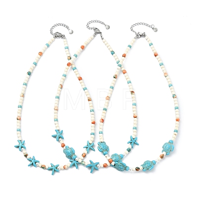 3Pcs 3 Styles Ocean Dyed Synthetic Ocean White Jade & Shell Pearl & Synthetic Turquoise Starfish Turtle Beaded Necklaces NJEW-JN06276-1