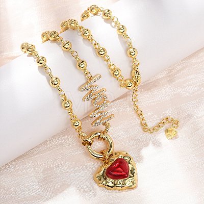 Mother's Day Brass Micro Pave Clear Cubic Zirconia Enamel Red Sacred Heart Mama Pendant Necklaces for Women NJEW-A071-12B-G-1
