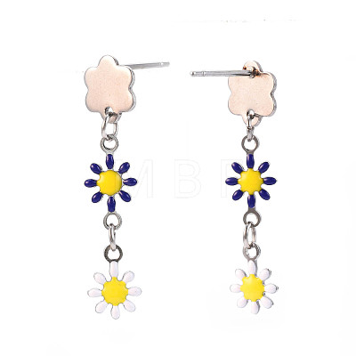 Enamel Flower Long Dangle Stud Earrings EJEW-N049-04B-1