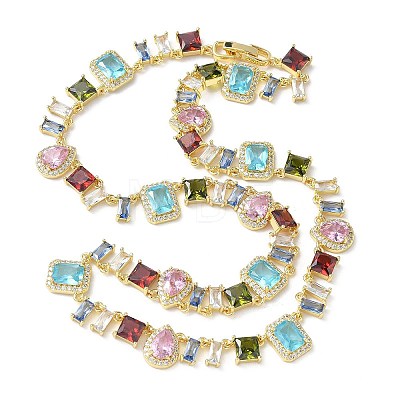 Brass Pave Colorful Cubic Zirconia Rectangle Square Teardrop Tennis Necklaces NJEW-G183-09G-1