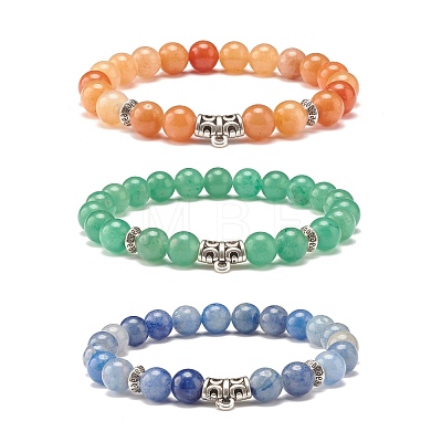 3Pcs 3 Colors Natural Aventurine Round Beaded Stretch Bracelets Set with Curved Tube BJEW-JB07719-1