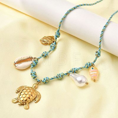 Summer Beach 304 Stainless Steel & Electroplated Natural Shell Pendant Adjustable Polyester Cord Necklaces for Women NJEW-F348-01E-G-1