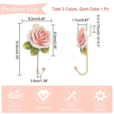  3Pcs 3 Colors Resin Rose Hook Hangers AJEW-NB0003-71-1