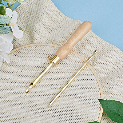 Wood Handle Brass Punch Embroidery Needle Pen & Easy Automatic Threader Set DIY-WH0453-88C-1