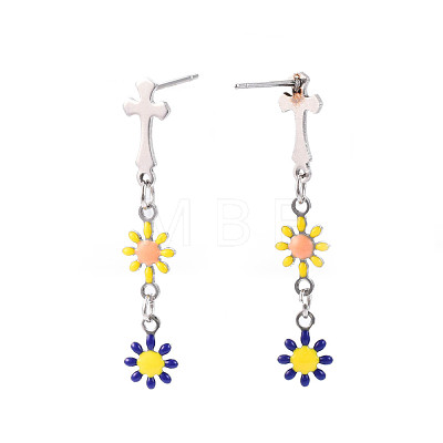 Cross with Flower Enamel Long Dangle Stud Earrings EJEW-N049-01B-1