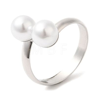 Rack Plating Brass Open Cuff Rings with Round Plastic Pearl Beads for Women RJEW-Q770-26P-1
