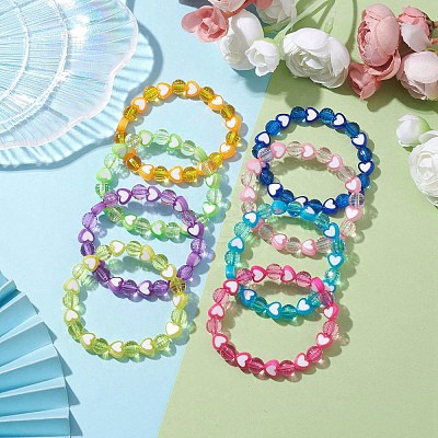 8Pcs 8mm Faceted Round & Heart Acrylic Beaded Stretch Bracelet Sets BJEW-JB10240-02-1