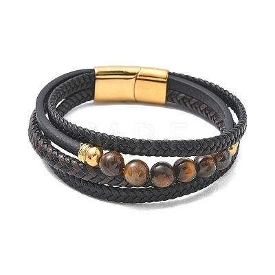 Braided Microfiber Leather Cord & Natural Tiger Eye Multi-strand Bracelets BJEW-C153-01H-1