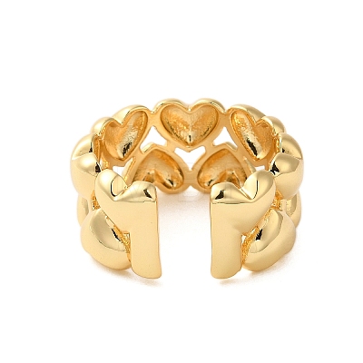 Heart Double Layer Brass Open Cuff Rings for Women RJEW-A046-02G-1