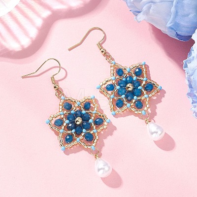Dyed Natural Malaysia Jade & Glass Seed Beaded Flower with Teardrop Dangle Earrings EJEW-MZ00710-01-1