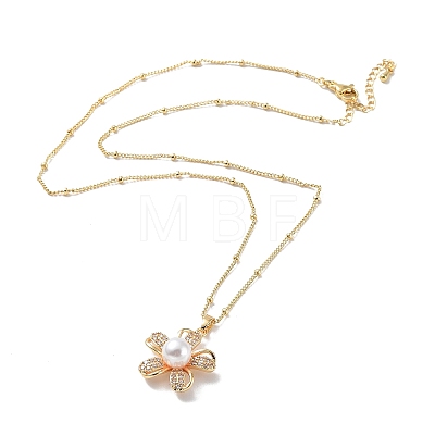 Flower Brass Micro Pave Cubic Zirconia Pendant Necklaces with Plastic Imitation Pearl NJEW-A015-02KCG-1