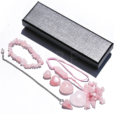 Natural Rose Quartz Dowsing Pendulum Cone Big Pendants & Heart Massage Stone & Bracelet & Pendant Decoration Sets PW-WG73208-01-1