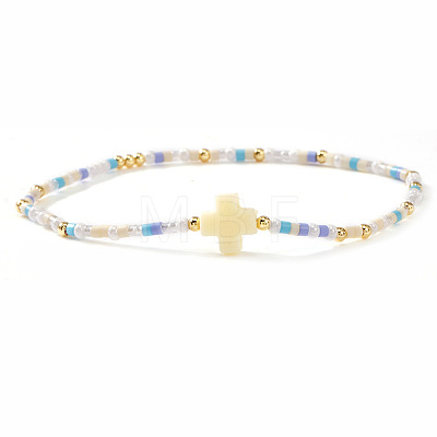 Bohemian Cross Charm Glass Seed Bead & Brass Beads Stretch Bracelet for Women SA4132-12-1
