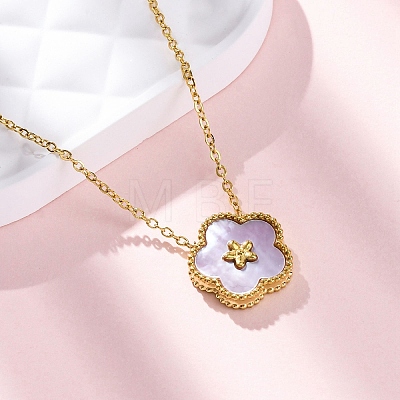 304 Stainless Steel Pave Natural Pink Shell Flower Pendant Necklaces for Women NJEW-U032-16G-01-1