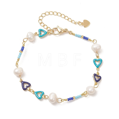 Handmade Brass Enamel Heart Link Chain Bracelets for Women BJEW-JB14048-1
