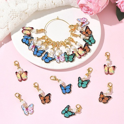 20Pcs 5 Colors Butterfly Alloy Enamel & Glass Pearl Pendant Decorations HJEW-YW00563-1