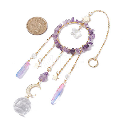 Natural Amethyst Chip Pendant Decorations with Brass Moon & Cable Chain & Electroplated Quartz Crystal Tassel HJEW-JM01650-03-1