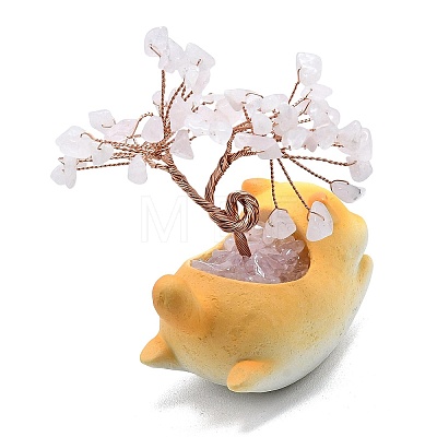 Natural Rose Quartz Chips Tree of Life Decorations with Cat Display Decorations DJEW-K025-03B-1