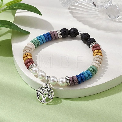 Disc 7-Color Natural Lava Rock & 8mm Round Shell Pearl Beaded Stretch Bracelets BJEW-JB10329-02-1