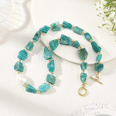 Raw Rough Natural Amazonite Nuggets & Oval Shell Pearl Beaded Necklaces for Women NJEW-JN06486-1