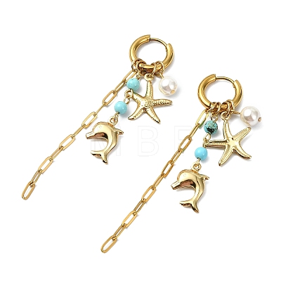 Dolphin & Starfish 304 Stainless Steel & Shell Pearl Hoop Earrings for Women EJEW-JE07128-1