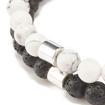 2Pcs Natural Lava Rock & Howlite Round Beaded Stretch Bracelets Set with Synthetic Hematite Column BJEW-JB08060-01-1