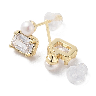 Natural Pearl & Glass Rectangle Stud Earrings EJEW-P256-81G-1