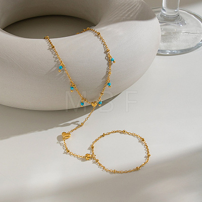 Synthetic Turquoise Round Tassel 304 Stainless Steel Heart Hand Chain Ring Bracelets for Women NM6951-1