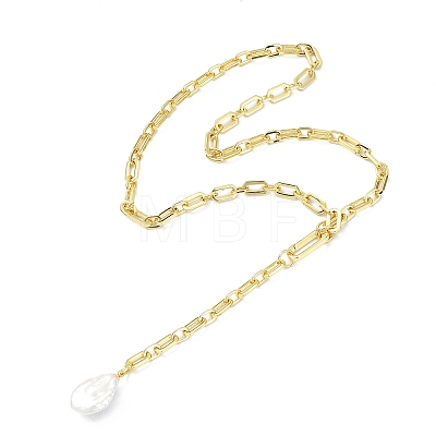 Adjustable Natural Baroque Keshi Pearl Teardrop Pendant Brass Lariat Necklaces NJEW-JN06205-1
