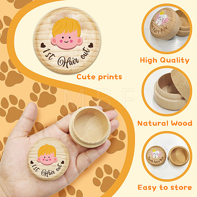 Round Beech Wooden 3D Engraved My First Curl Boy Box CON-WH0120-002-1