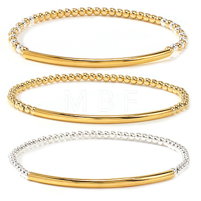 3Pcs 3 Styles Luxury Round Brass Beads & Curved Tube Stretch Bracelets for Women CV0826-1-1